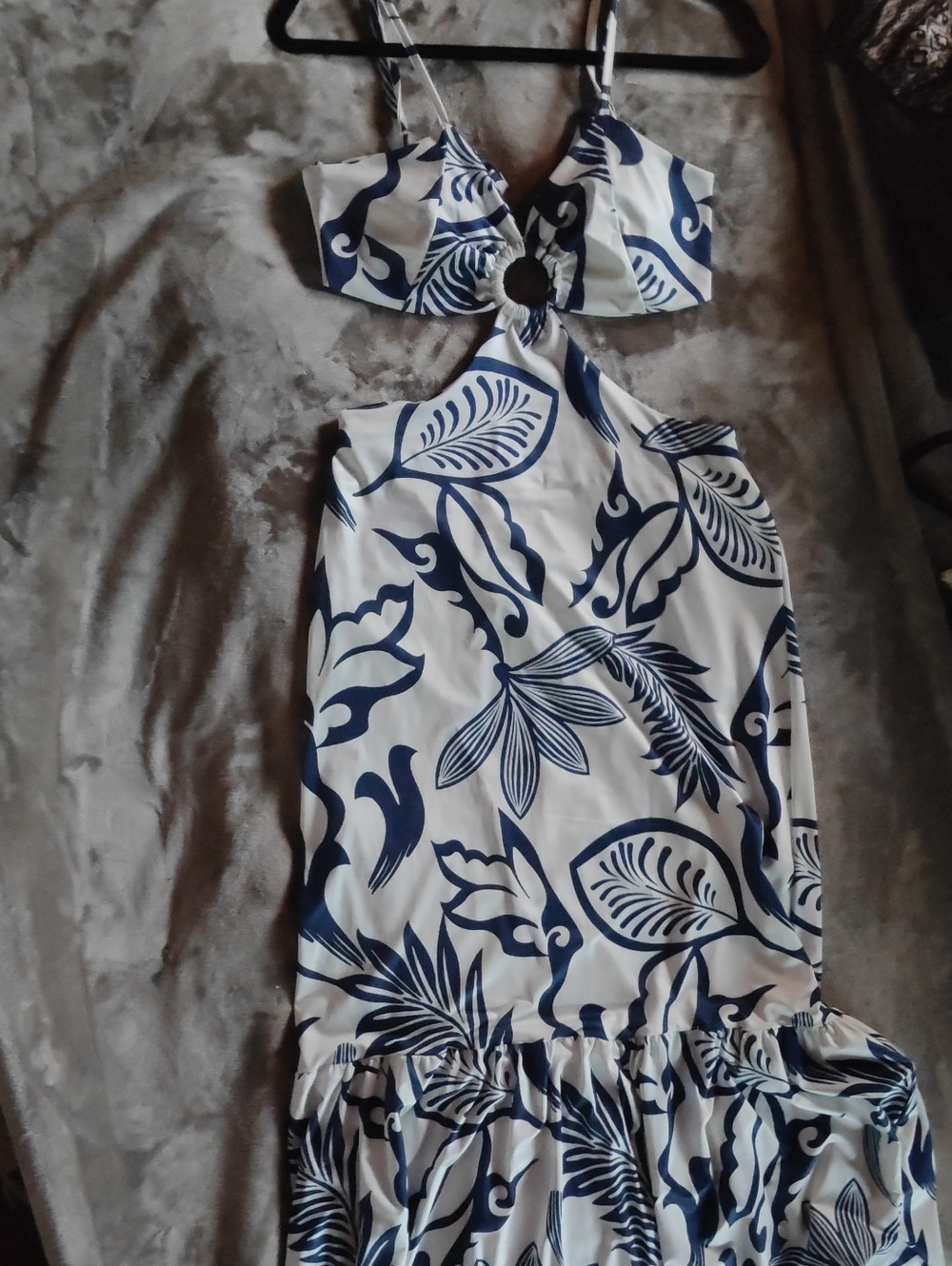 Navy and White Tropical Cutout Maxi Dress